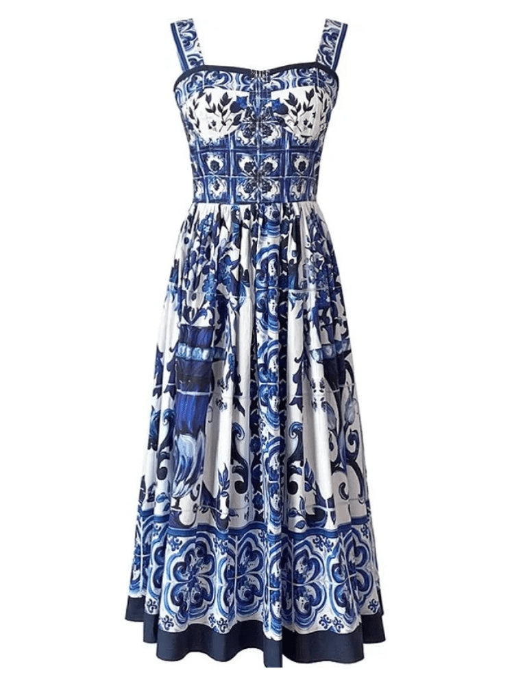 BOHEMIAN THE LABEL  BLUE PRINT / S Kim Corset Print Maxi Gown Dress