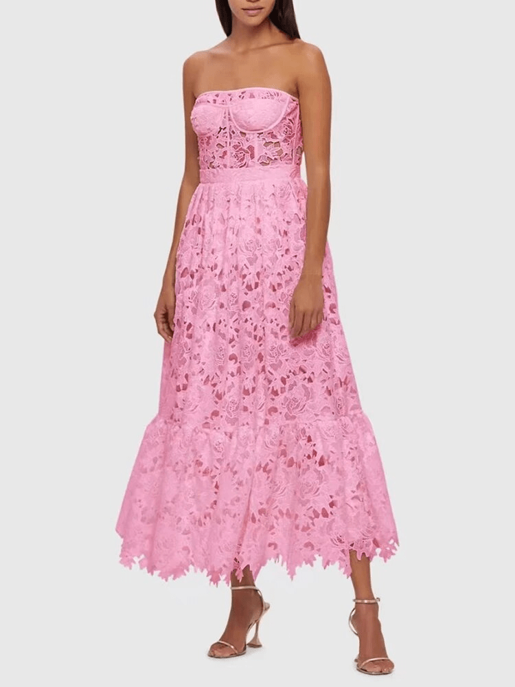 BOHEMIAN THE LABEL  Selene Strapless Midi Lace Dress