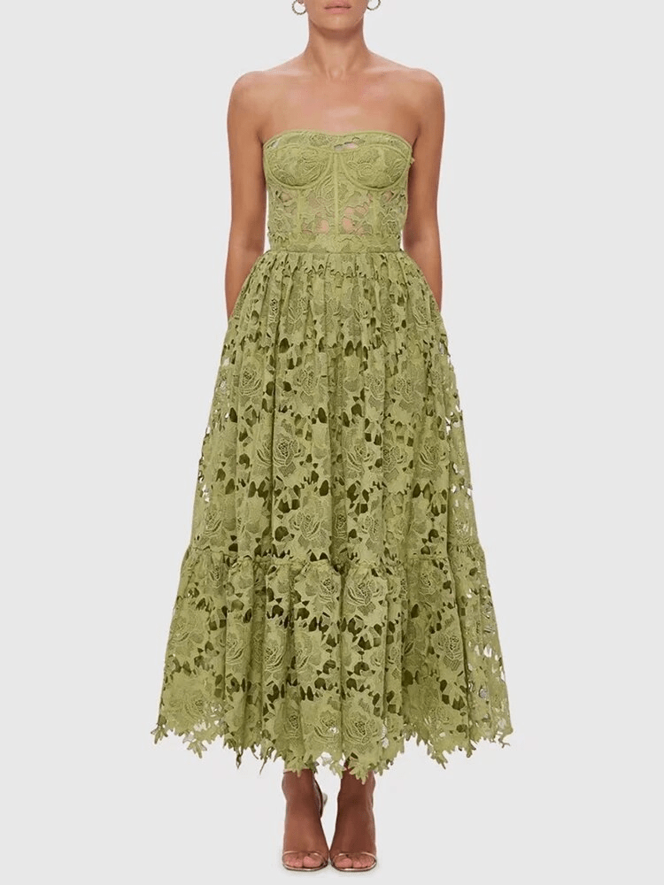 BOHEMIAN THE LABEL Selene Strapless Midi Lace Dress