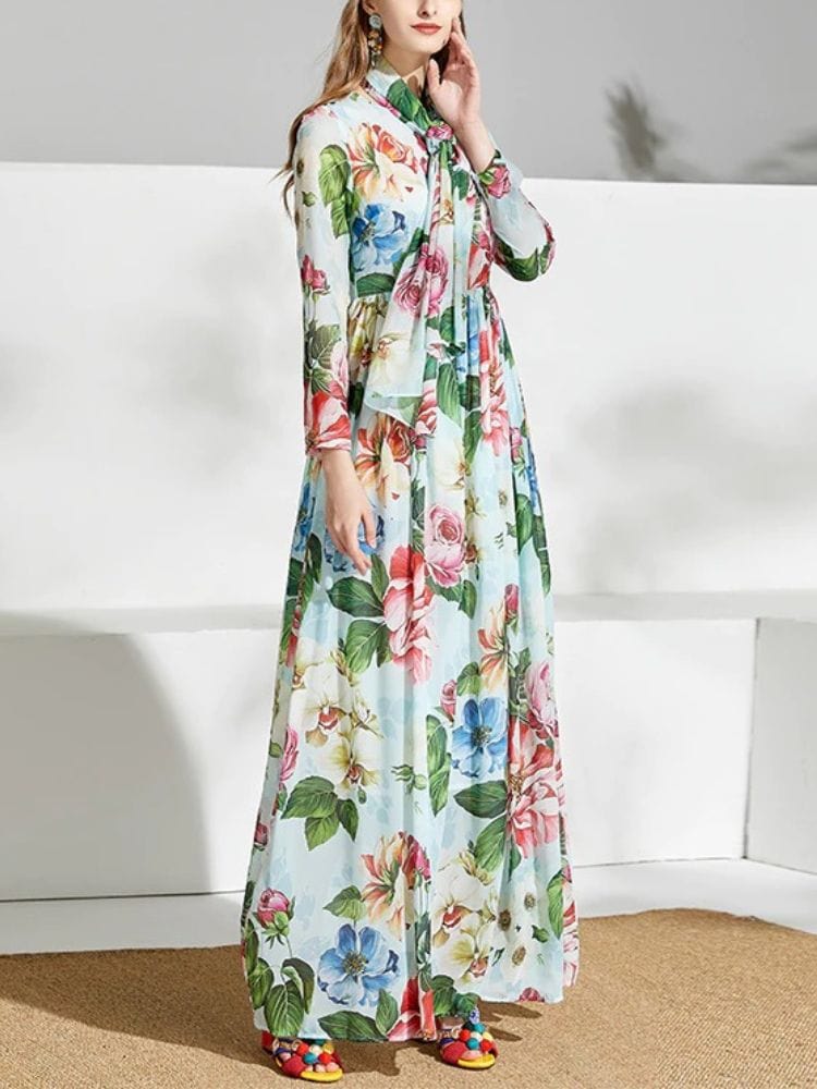 BOHEMIAN THE LABEL  Ava Bow Tie Long Sleeve Floral Gown Dress