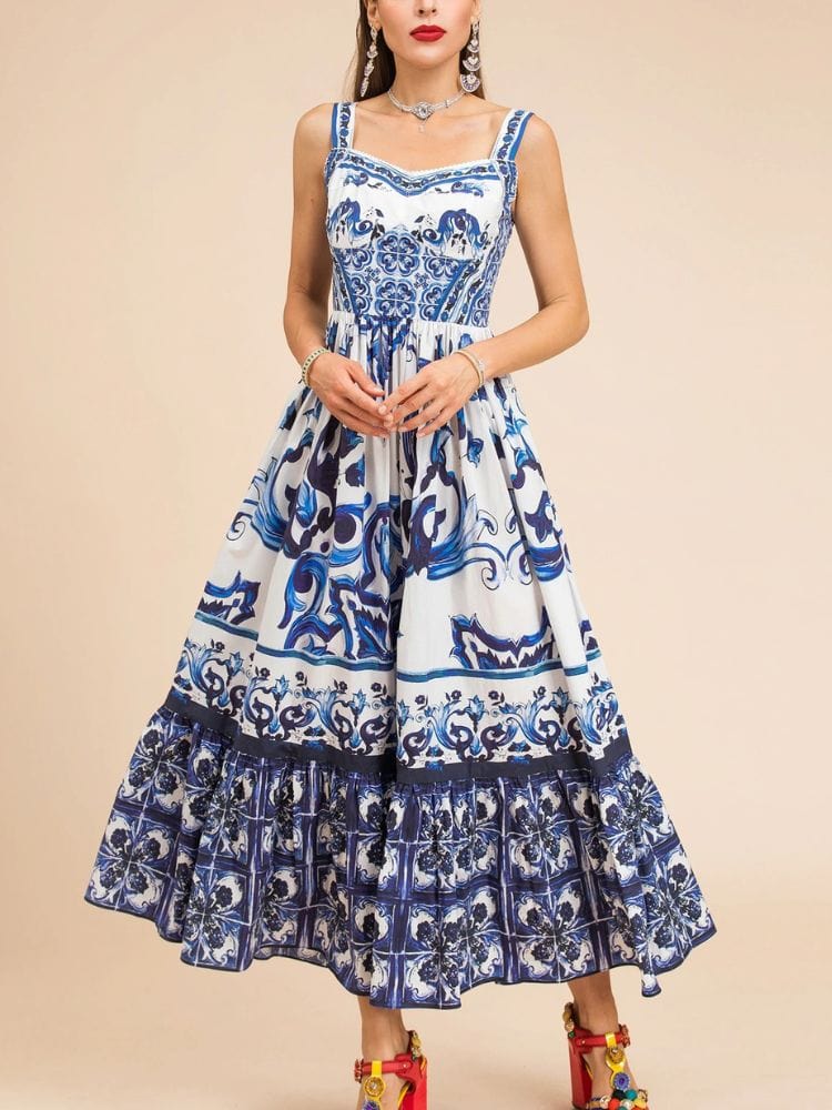 BOHEMIAN THE LABEL  BLUE PRINT / S Kim Corset Print Midi Dress