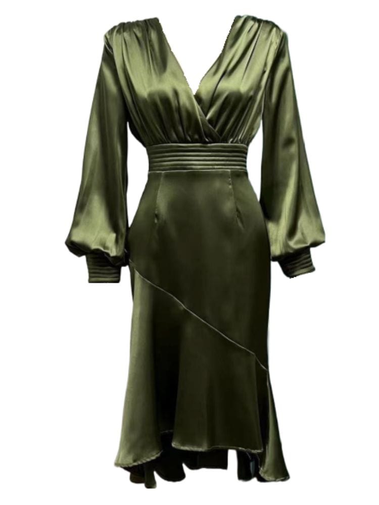 BOHEMIAN THE LABEL EMERALD GREEN / S Mira V Neck Long Sleeve Midi Dress