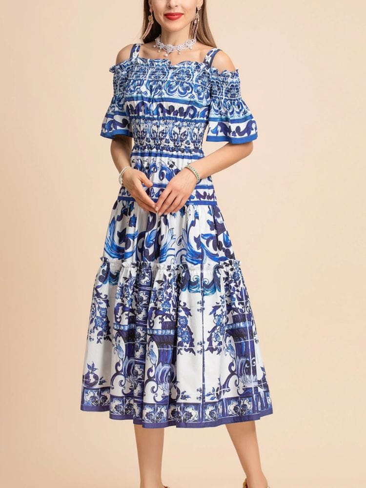 BOHEMIAN THE LABEL  Kim Off Shoulder Print Midi Dress