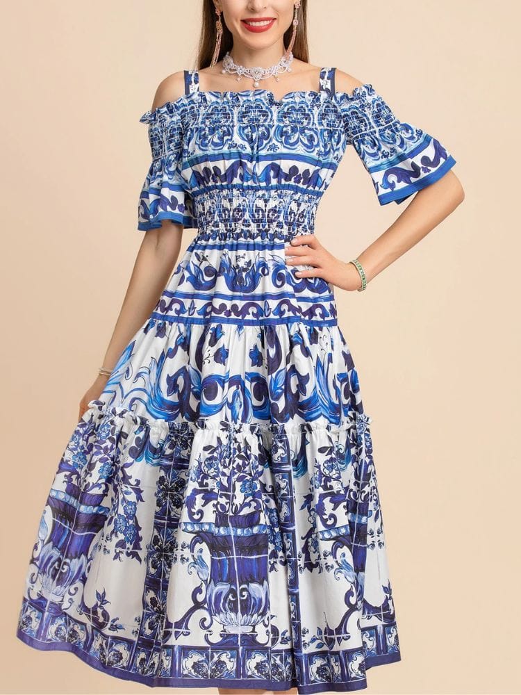 BOHEMIAN THE LABEL  Kim Off Shoulder Print Midi Dress