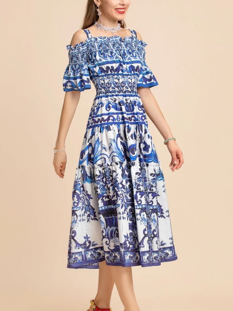 BOHEMIAN THE LABEL  Kim Off Shoulder Print Midi Dress