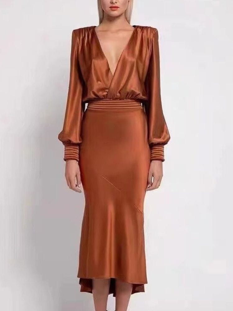 BOHEMIAN THE LABEL  Mira V Neck Long Sleeve Midi Dress