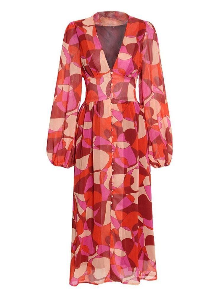 BOHEMIAN THE LABEL  PINK PRINT / S Elle V Neck Long Sleeve Midi Dress