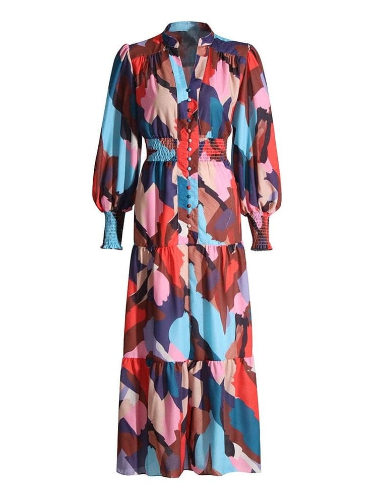 BOHEMIAN THE LABEL RED PRINT / S Ane Long Sleeve Print Gown Maxi Dress