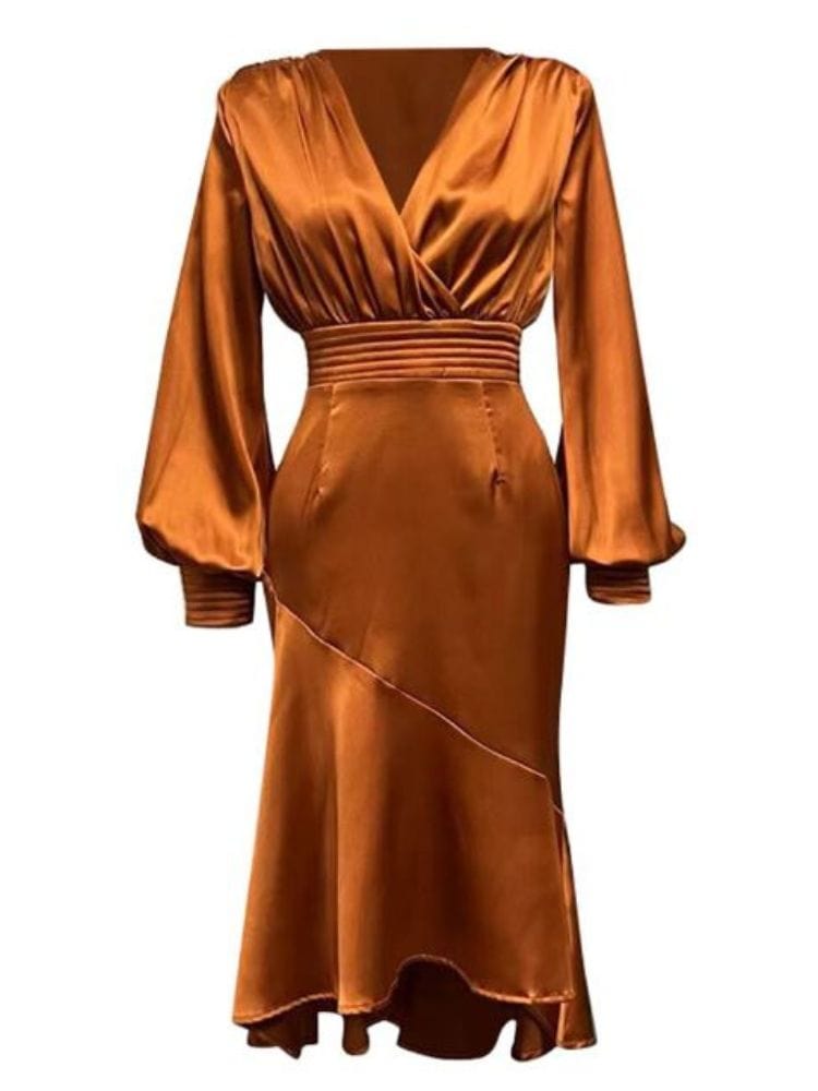 BOHEMIAN THE LABEL  TAN BROWN / S Mira V Neck Long Sleeve Midi Dress