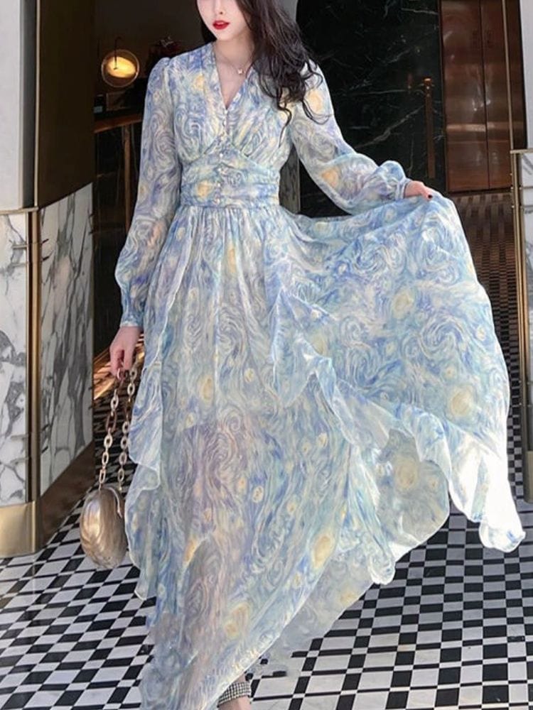 BOHEMIAN THE LABEL  Tanya V Neck Long Sleeve Vintage Print Gown Dress