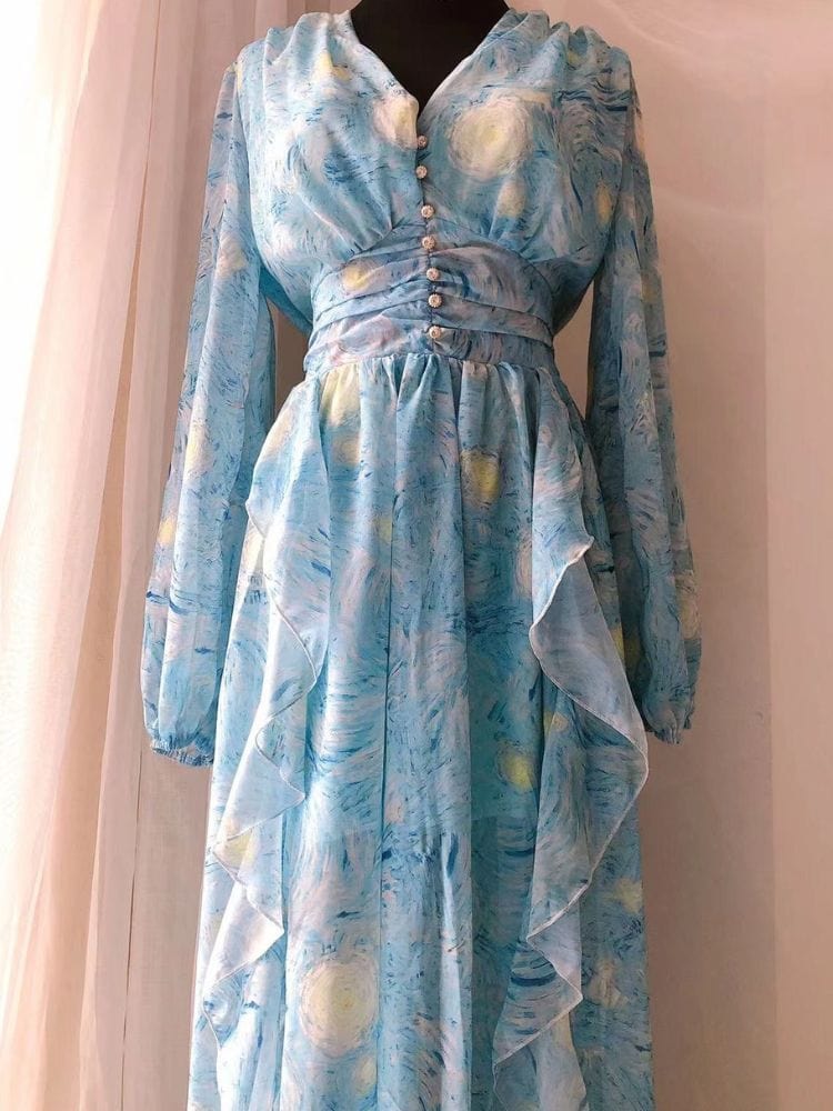 BOHEMIAN THE LABEL  Tanya V Neck Long Sleeve Vintage Print Gown Dress